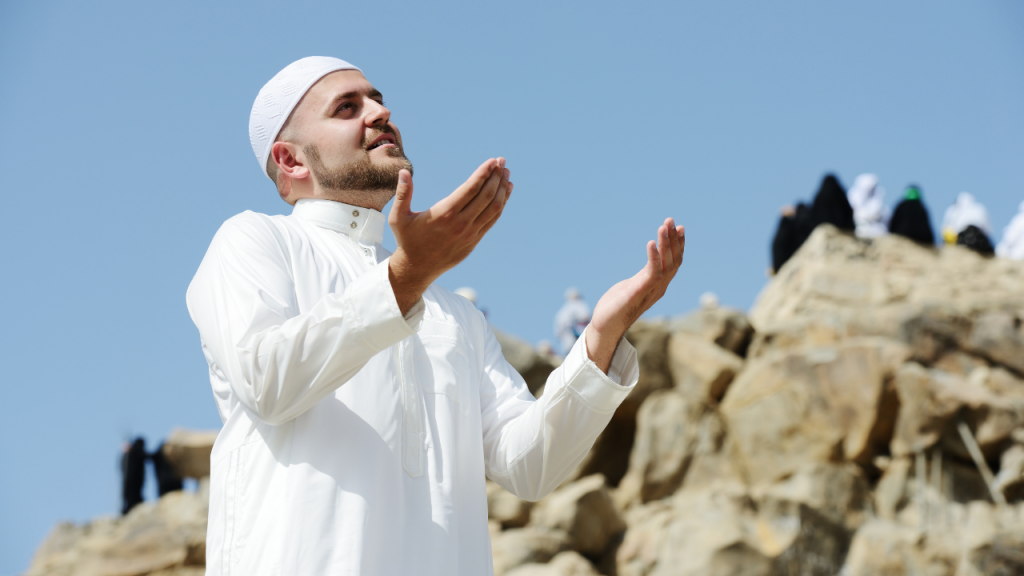Showing A man who is in Kabba and praying for spiritual enhancement. What is the significance of Hajj in Islam?